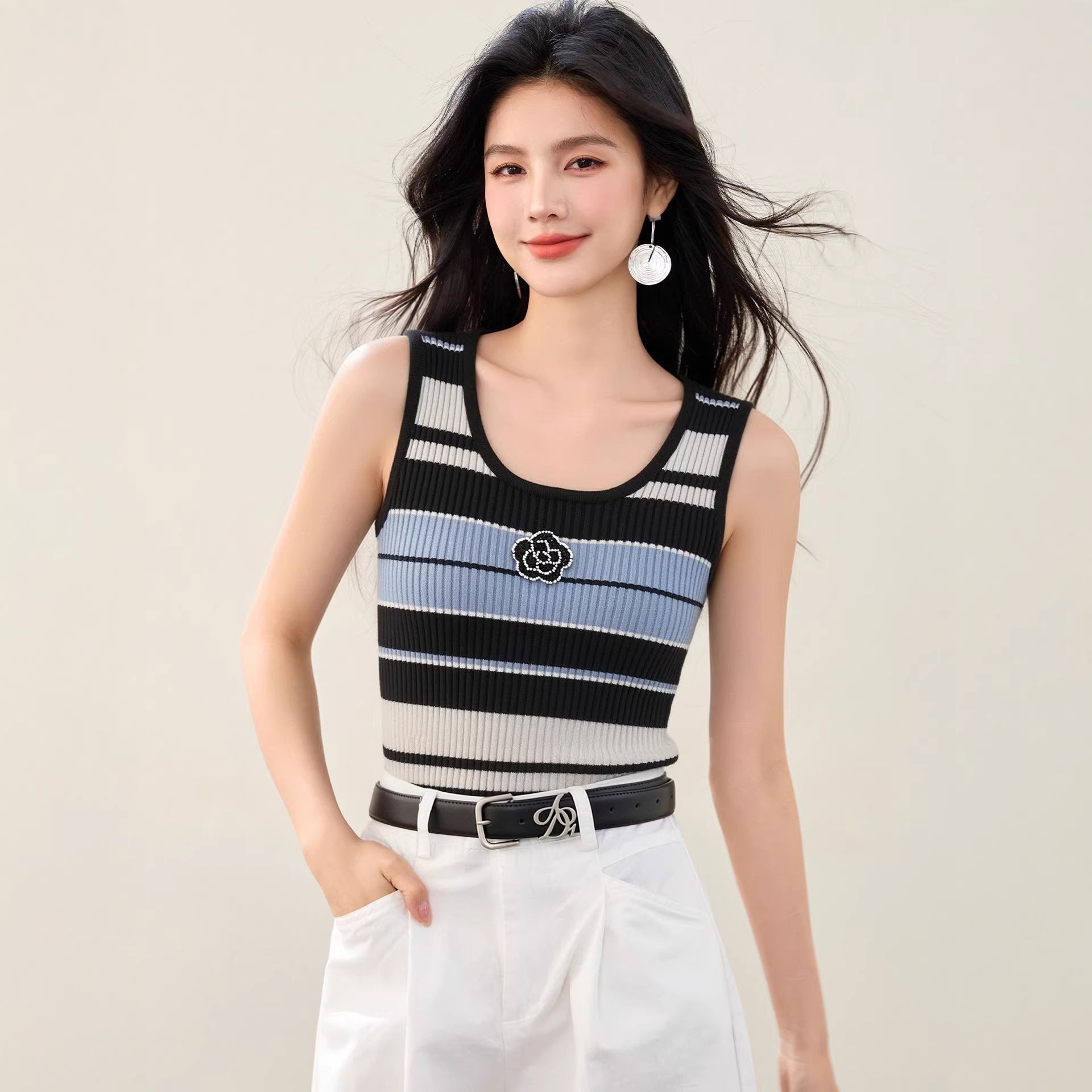 Chic Color - Block Stripe Sleeveless Knit Top Women's Fashion Summer Casual Elegant Chanel - Inspired Slim Fit Crew Neck Vest - UrbanNest Co