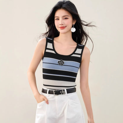 Chic Color - Block Stripe Sleeveless Knit Top Women's Fashion Summer Casual Elegant Chanel - Inspired Slim Fit Crew Neck Vest - UrbanNest Co