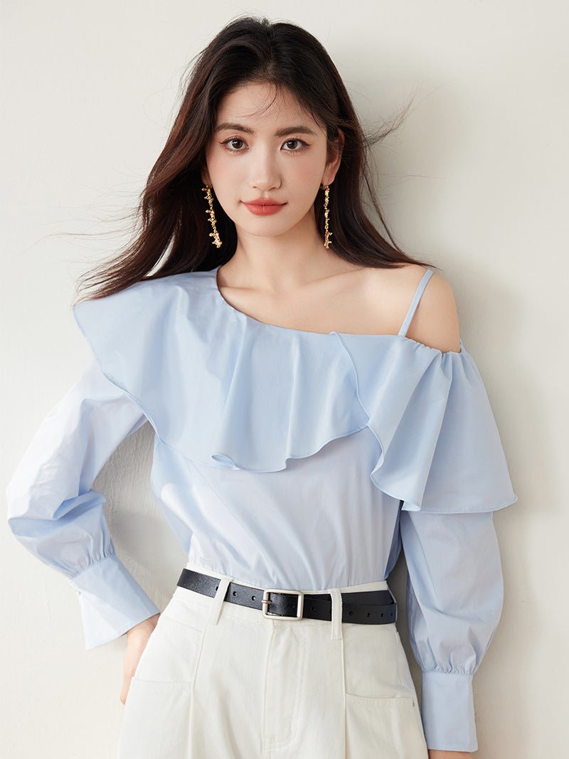 Sweet Style Ruffle Off - Shoulder Blouse for Women, Long Sleeve Loose Fit Versatile Slimming Design Top - UrbanNest Co