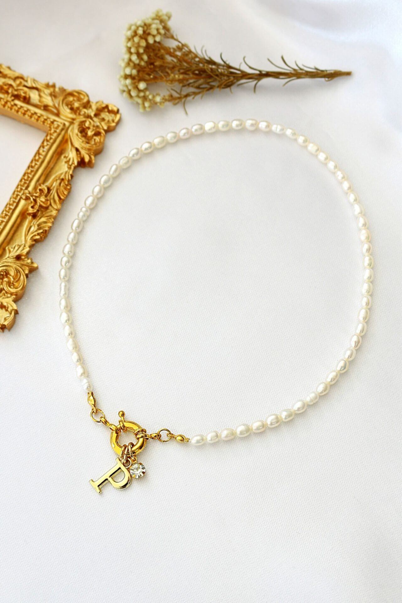 24 Karats Custom Initial Freshwater Pearls Front Opening Choker - UrbanNest Co