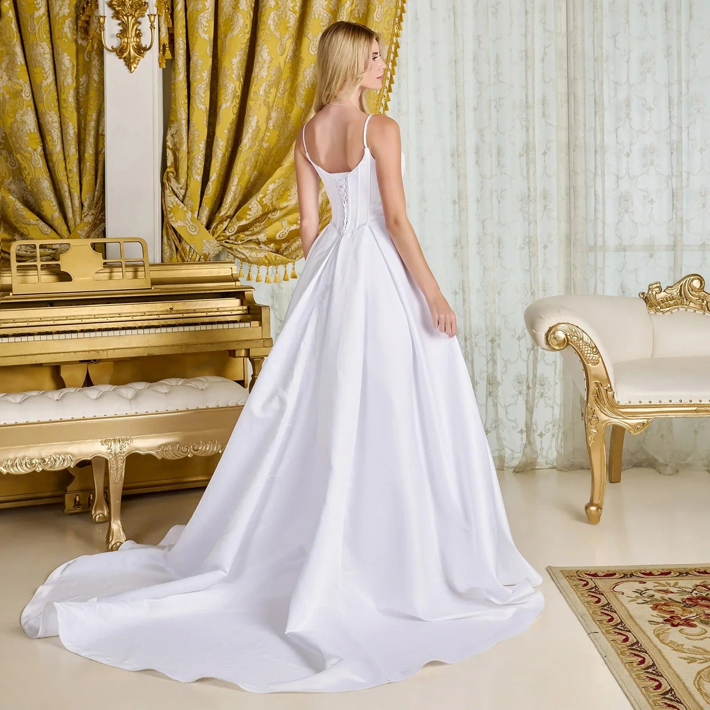 A - line, satin wedding gown spaghetti straps V - neckline - UrbanNest Co
