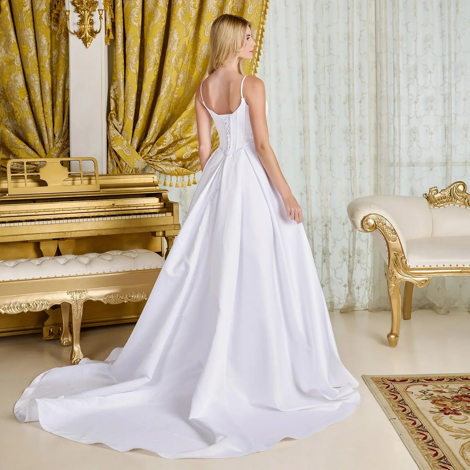 A - line, satin wedding gown spaghetti straps V - neckline - UrbanNest Co