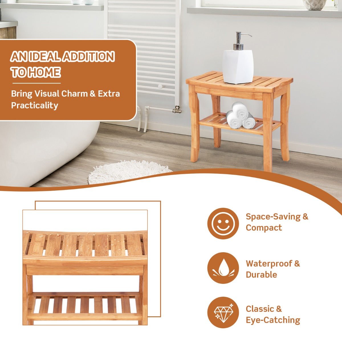NNECW Bamboo Shower Bench Seat with Storage Shelf for Bath - UrbanNest Co