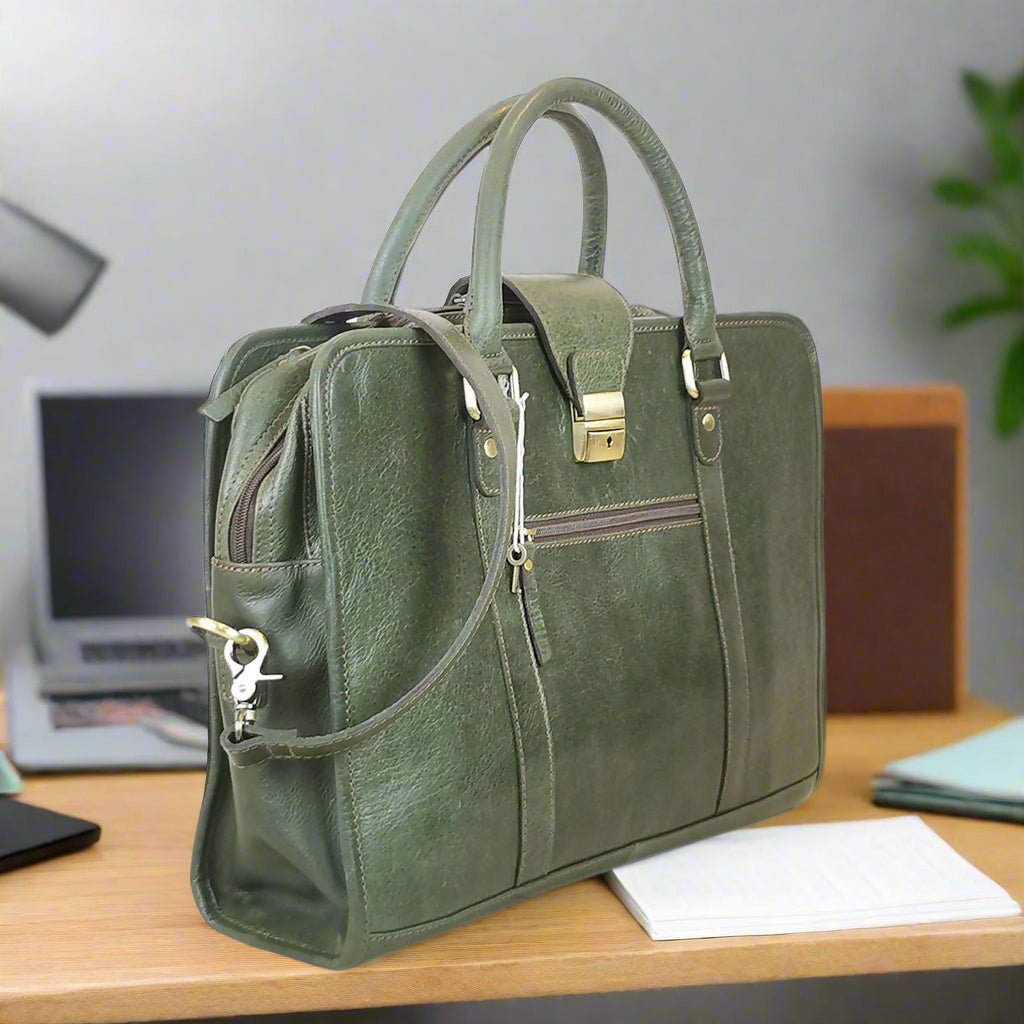 Leather Briefcase, Olive Green - UrbanNest Co
