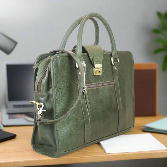 Leather Briefcase, Olive Green - UrbanNest Co