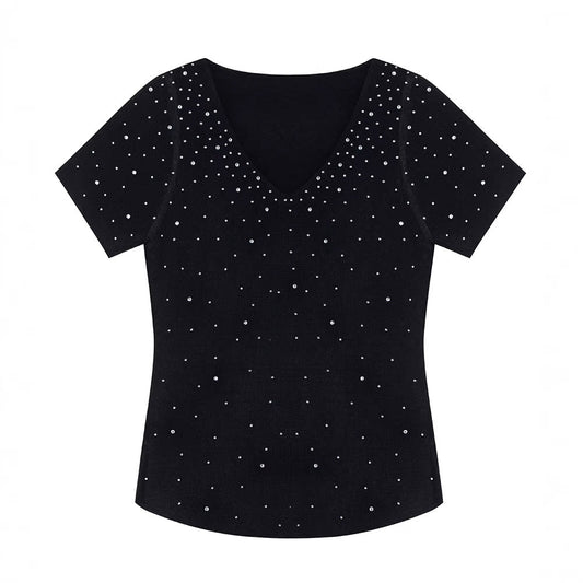 V - neck Fully Embellished Curved Hem Short Sleeve T-Shirt Women Slim Fit Elegant Commuter Versatile Top - UrbanNest Co