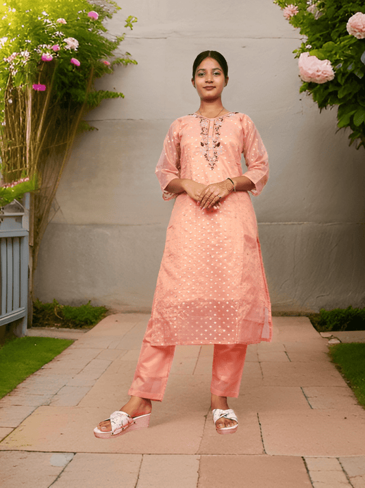 Silk Embroidered Straight Kurti with Pant and Dupatta - UrbanNest Co