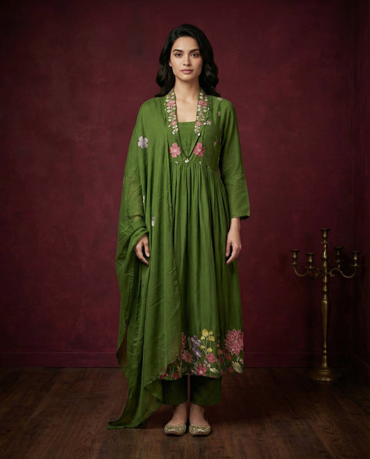 Olive Green Floral Embroidered Anarkali Kurta with Pants Set | Sequin & Embroidery Work - UrbanNest Co