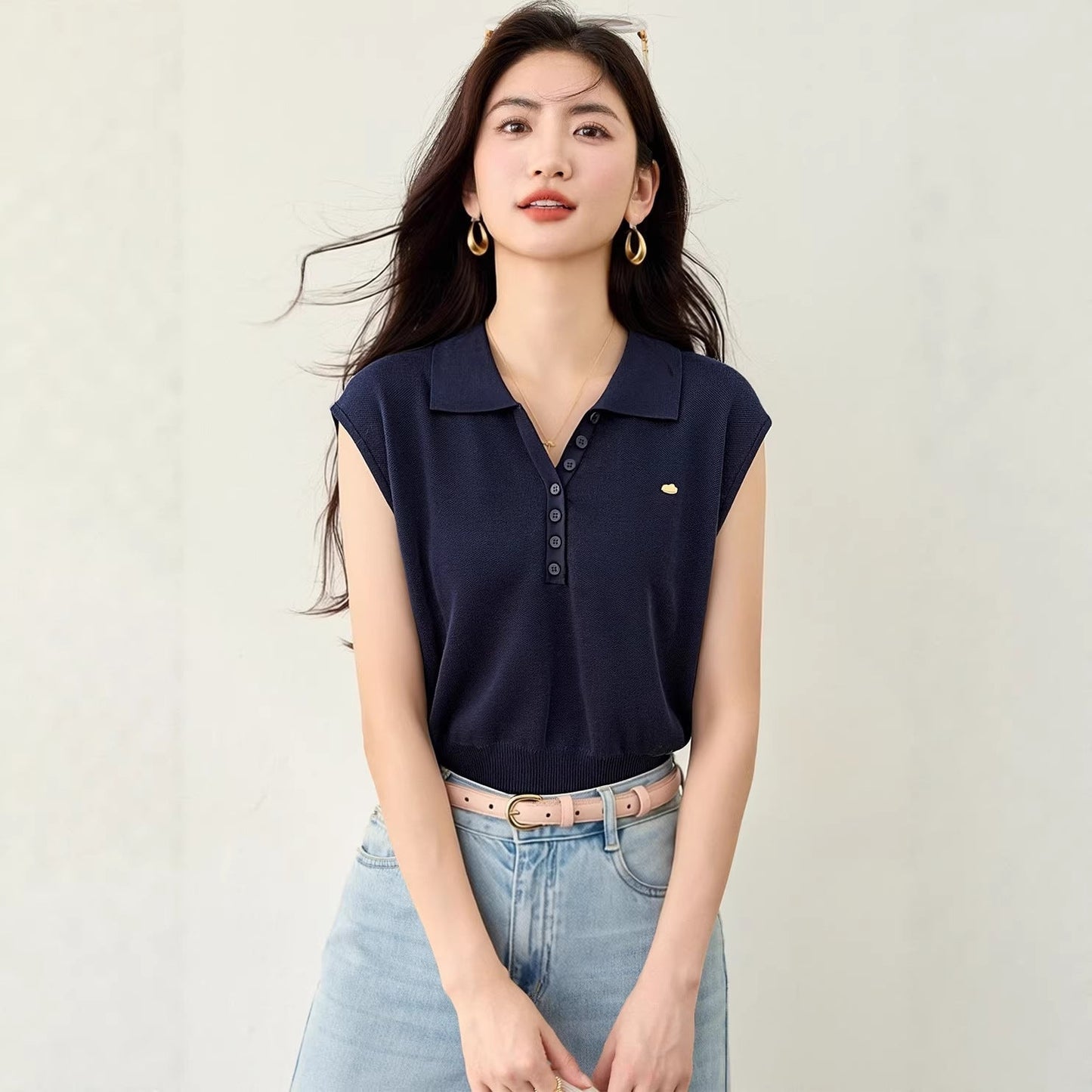 Elegant Blue Short Sleeve Knit Polo Shirt for Women, V - Neck Ice Silk T-Shirt, Summer Flutter Sleeve Loose Top - UrbanNest Co