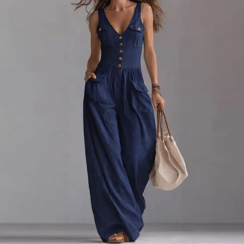 Pocket V - neck button vest jumpsuit for women - UrbanNest Co