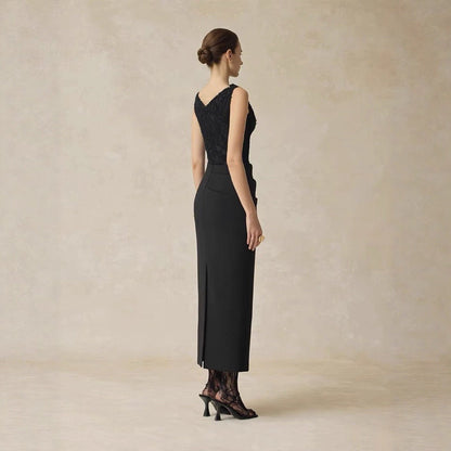Elegant One - Shoulder Long Sleeve Fitted Dress with Lace Splicing Sleeveless Evening Gown - UrbanNest Co