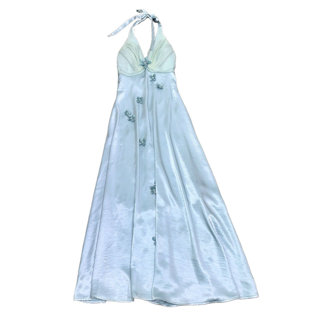 LaceMa Butterfly PearResort Style Embellished Strapless Blue Floral Dress Satin Fairy Dress - UrbanNest Co