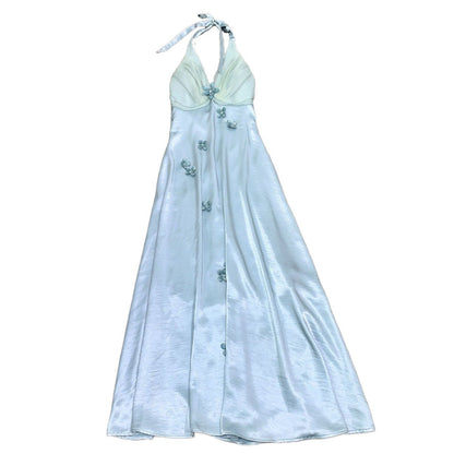 LaceMa Butterfly PearResort Style Embellished Strapless Blue Floral Dress Satin Fairy Dress - UrbanNest Co