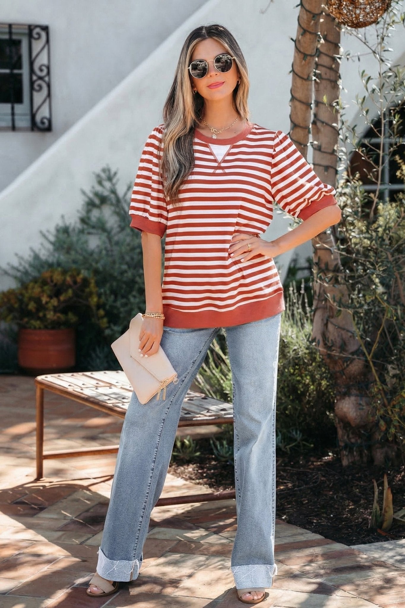 Stripe Short Bubble Sleeve T-Shirt - UrbanNest Co