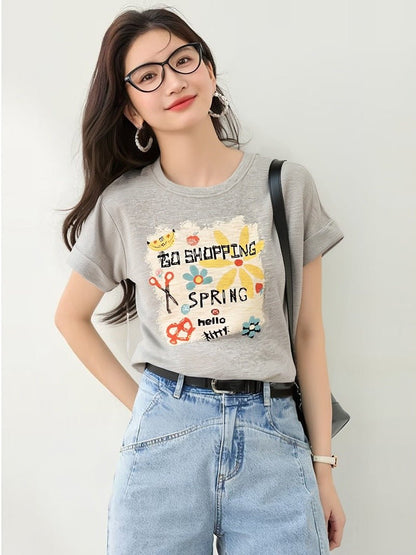 Bamboo Texture Linen Knit Short Sleeve T-Shirt Women Fashion Loose Bear Print Lightweight Layering Top - UrbanNest Co