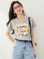 Bamboo Texture Linen Knit Short Sleeve T-Shirt Women Fashion Loose Bear Print Lightweight Layering Top - UrbanNest Co
