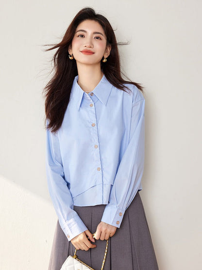 Elegant False Two - Piece Loose Long Sleeve Shirt for Women Fashionable Versatile Turn - Down Collar Solid Color Top - UrbanNest Co