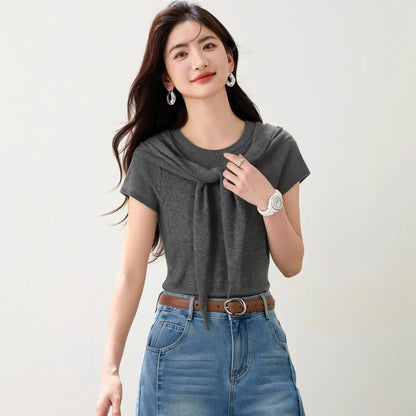 Two - piece Shoulder Cover Short Sleeve T-shirt for Women Elegant and Mature Style Summer Top - UrbanNest Co