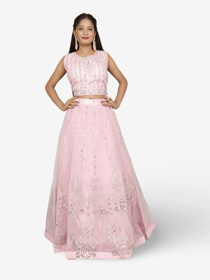 Beautiful mirror and stone work on this pink lehenga set for women by Shreekama - UrbanNest Co