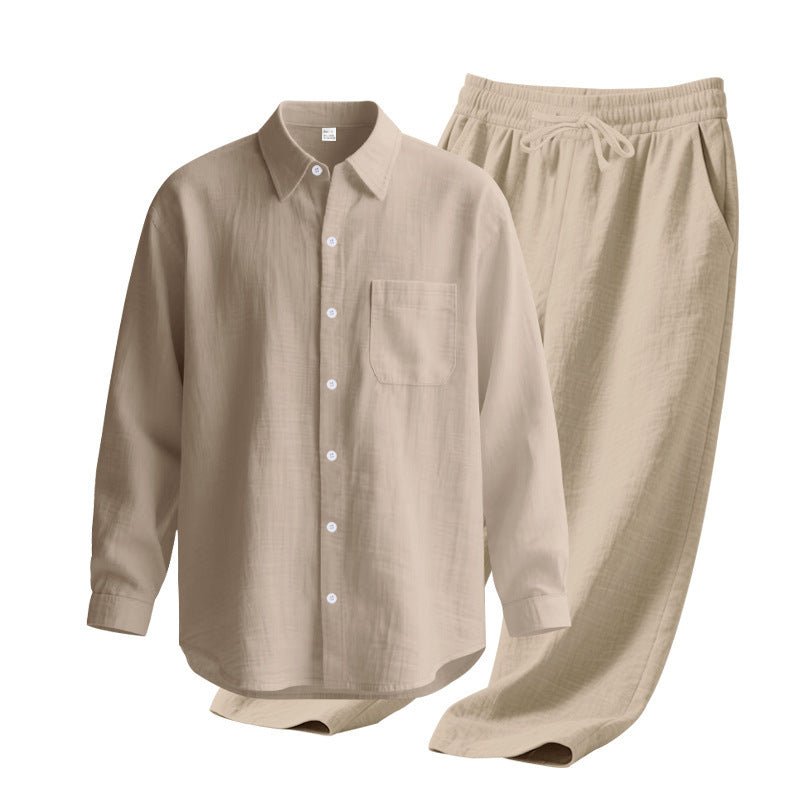 Linen solid color lapel buckle casual long sleeved pants men's suit - UrbanNest Co