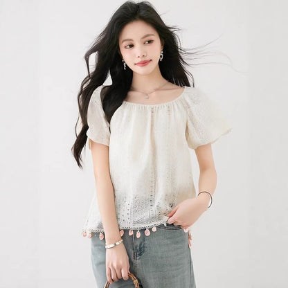 Cute Square Neck Fringe Sequin Short Sleeve Shirt for Women, Sweet Lace Baby Doll Top - UrbanNest Co