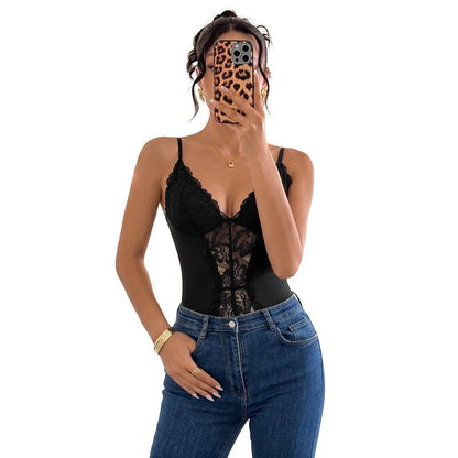 Solid Color Lace Strap Bodysuit V - neck Sexy Bodycon One - piece Dress for Women - UrbanNest Co