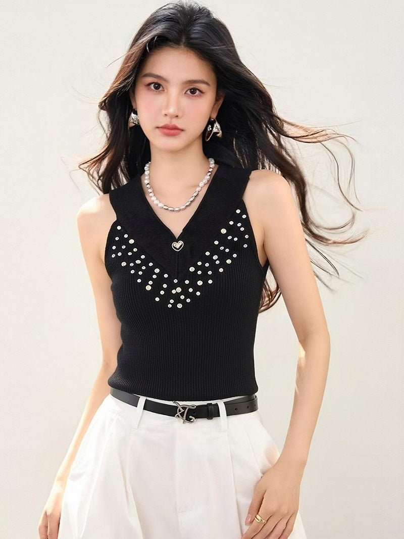 Designer Heavy Rhinestone Fashion Sexy Slim - Fitting V - Neck Knit Vest for Women, Spring and Summer Versatile Wear - UrbanNest Co