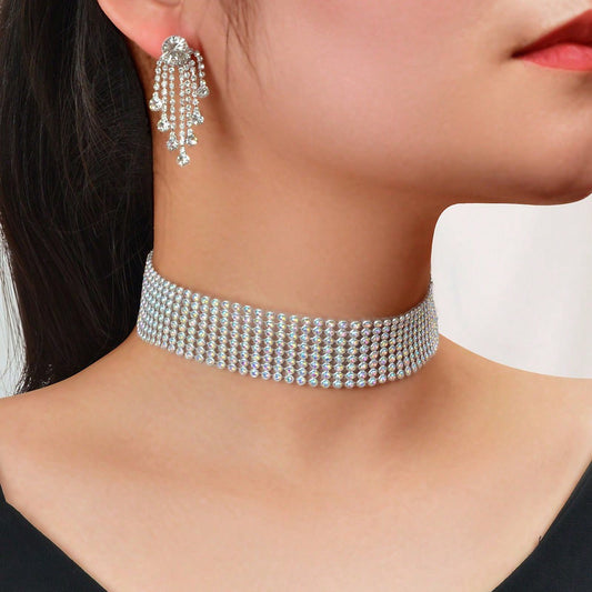 Silver Colour Full Crystal Short Choker Necklace & Tassel Earrings Jewellery Set - UrbanNest Co
