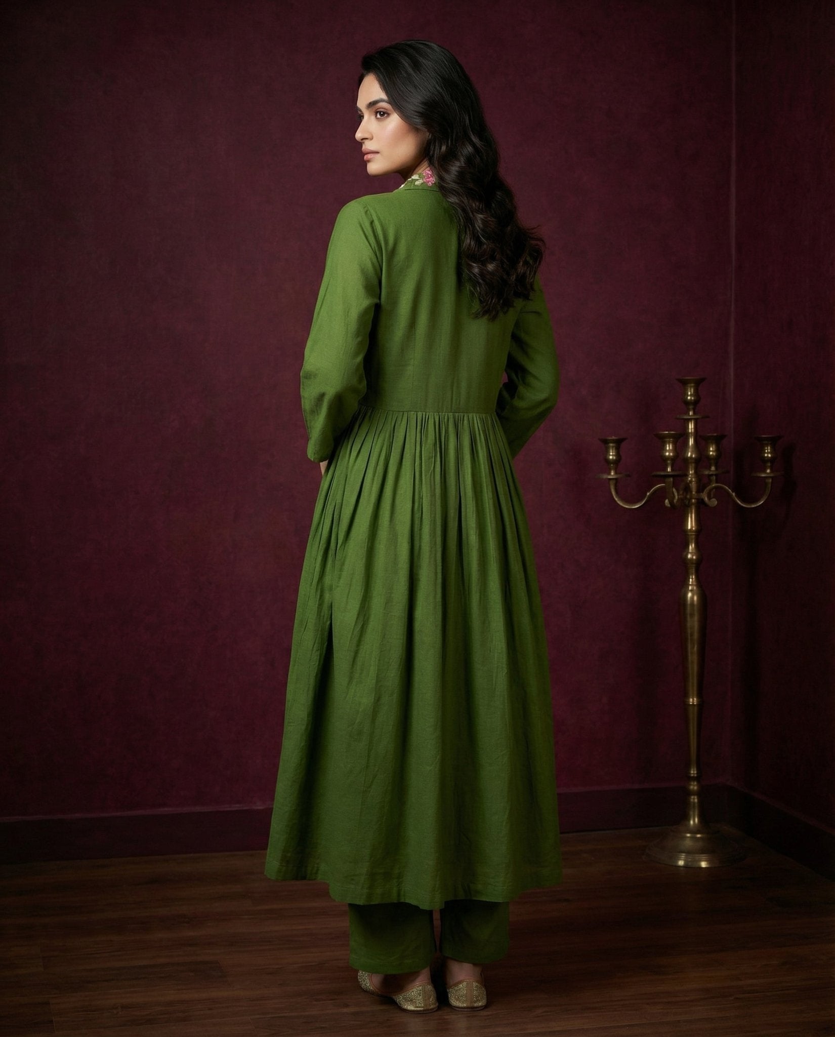 Olive Green Floral Embroidered Anarkali Kurta with Pants Set | Sequin & Embroidery Work - UrbanNest Co