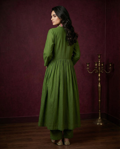 Olive Green Floral Embroidered Anarkali Kurta with Pants Set | Sequin & Embroidery Work - UrbanNest Co