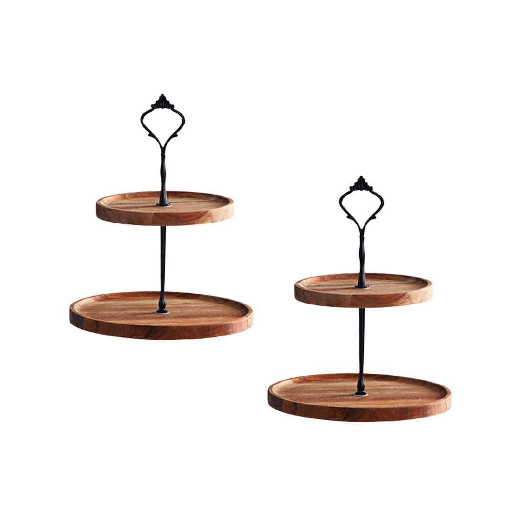SOGA 2X 15cm 2 Tier Brown Round Wooden Acacia Dessert Tray Cake Snacks Cupcake Stand Buffet Serving Countertop Decor - UrbanNest Co