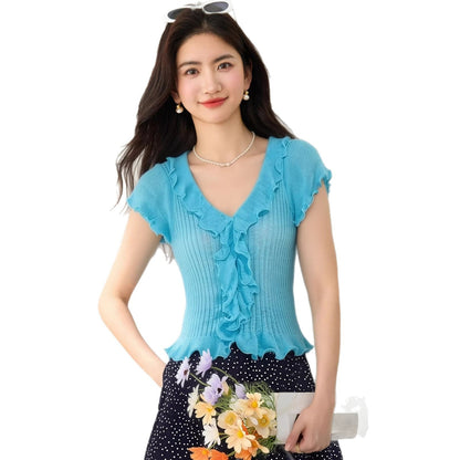 Chic V - Neck Ruffle Short Sleeve Knit Top for Women, Fitted Cropped High - Waisted T-Shirt, Summer New Style - UrbanNest Co