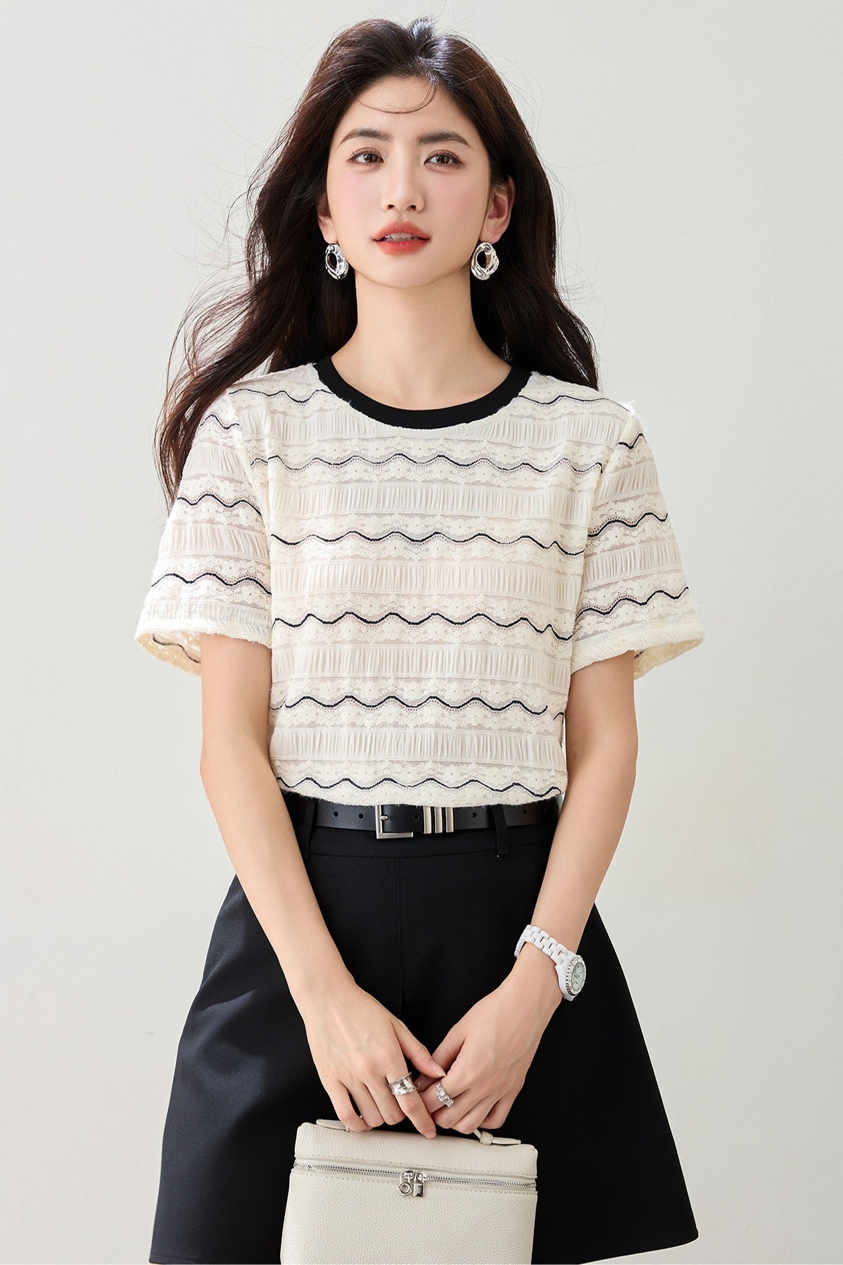 Chic Wave Stripe Lace T-Shirt for Women, Plus Size Loose Fit Short Sleeve,Summer Top - UrbanNest Co