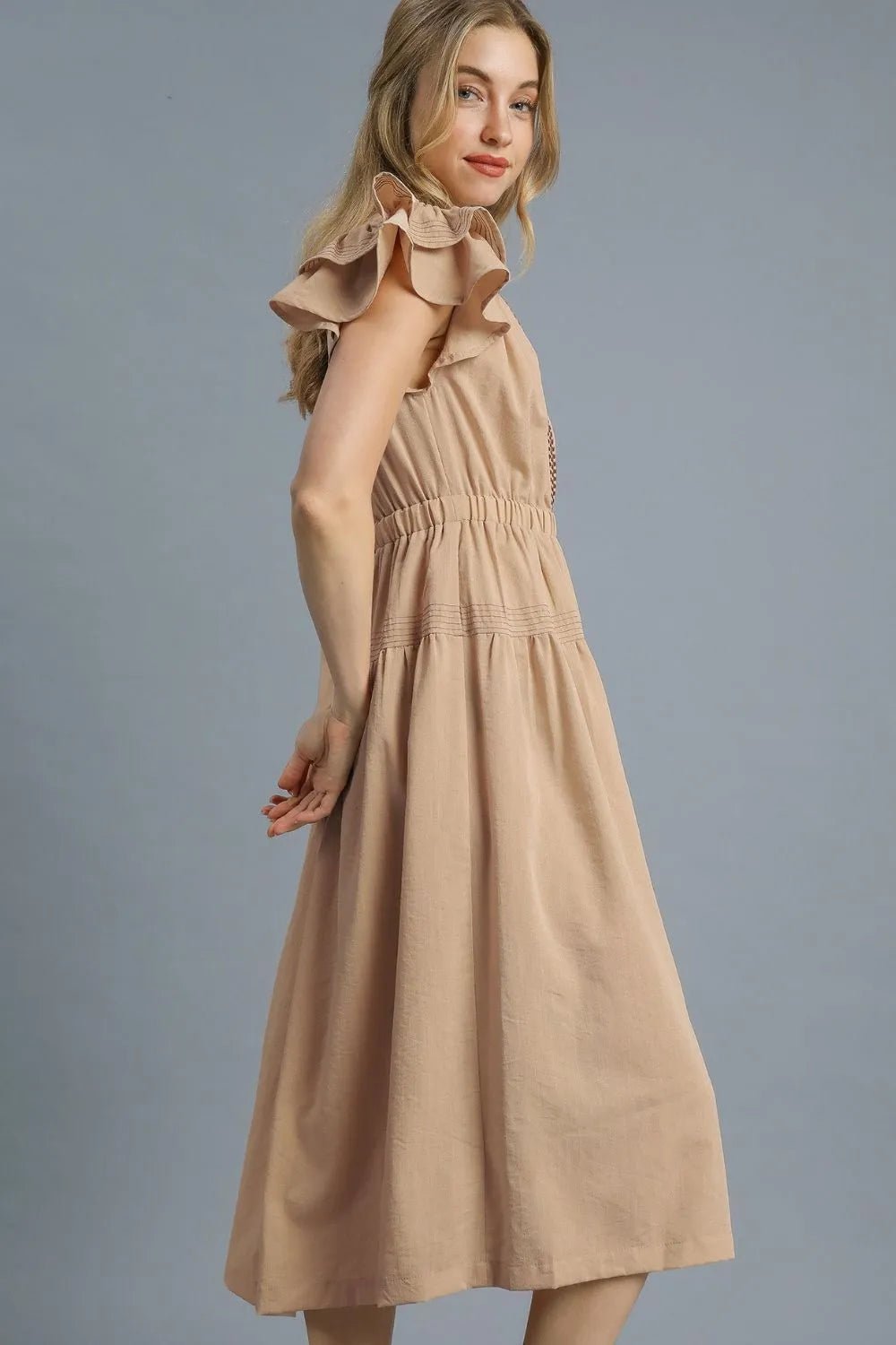Umgee Ruffled Cap Sleeve Midi Dress with Contrast Trim Detail - UrbanNest Co