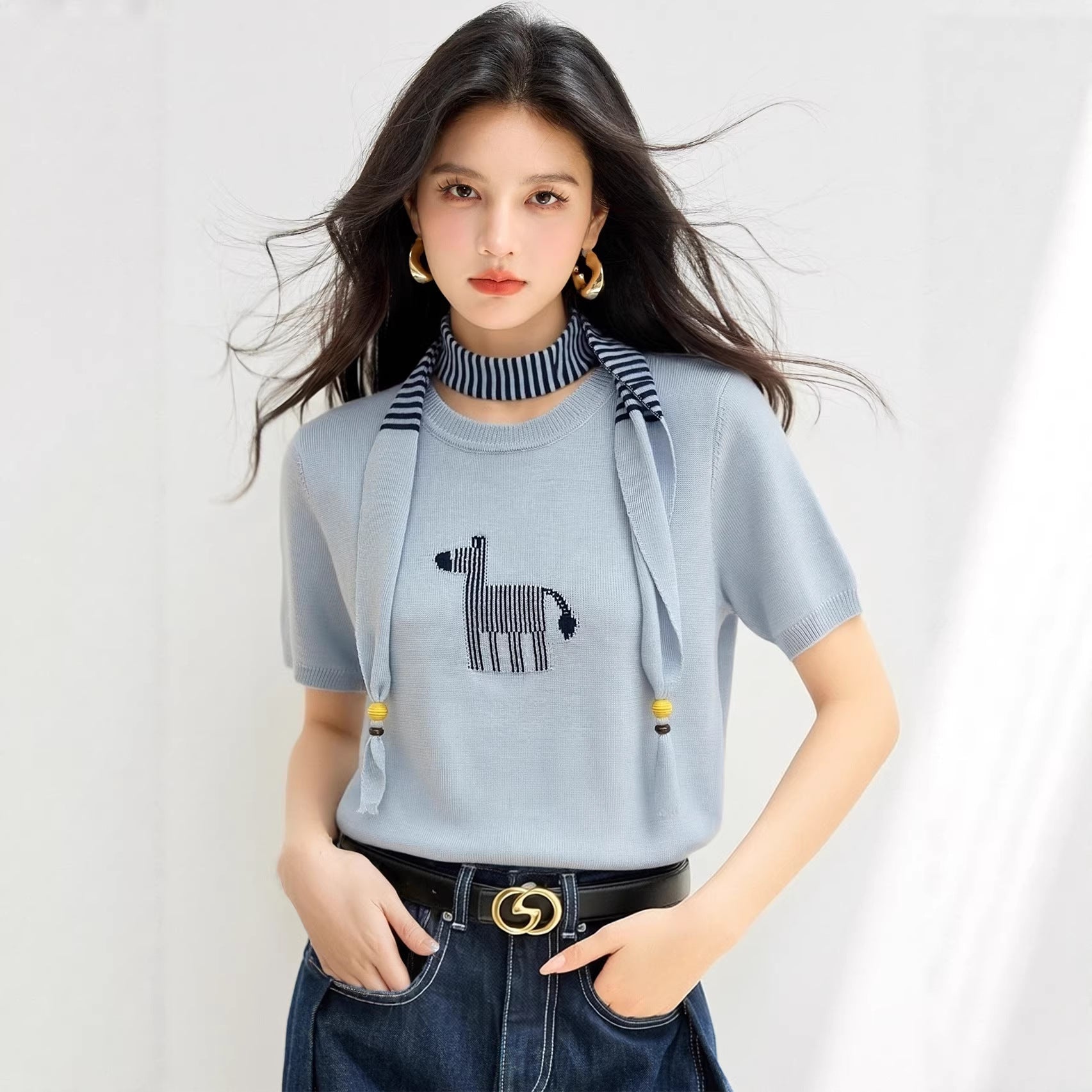 Round Neck Color - blocked Two - piece Short Sleeve Knit Top for Women, Fashionable Fitted Versatile Upperwear - UrbanNest Co
