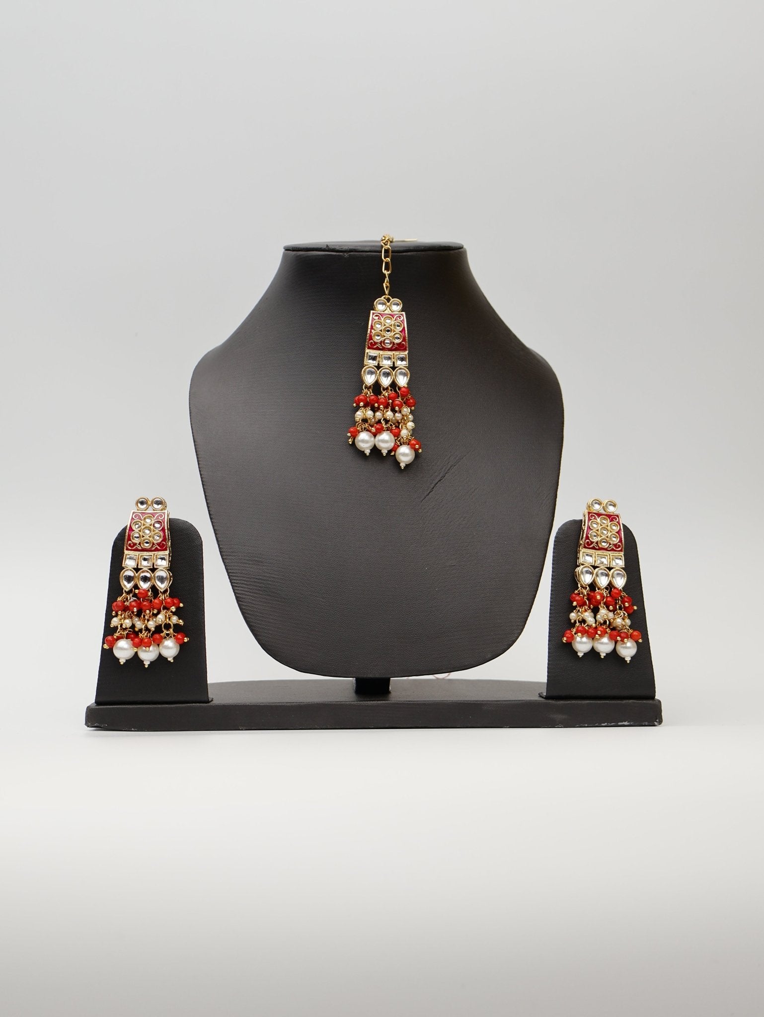 Red Meenakari Kundan & Pearl Necklace Set with Earrings & Mang Tikka. - UrbanNest Co