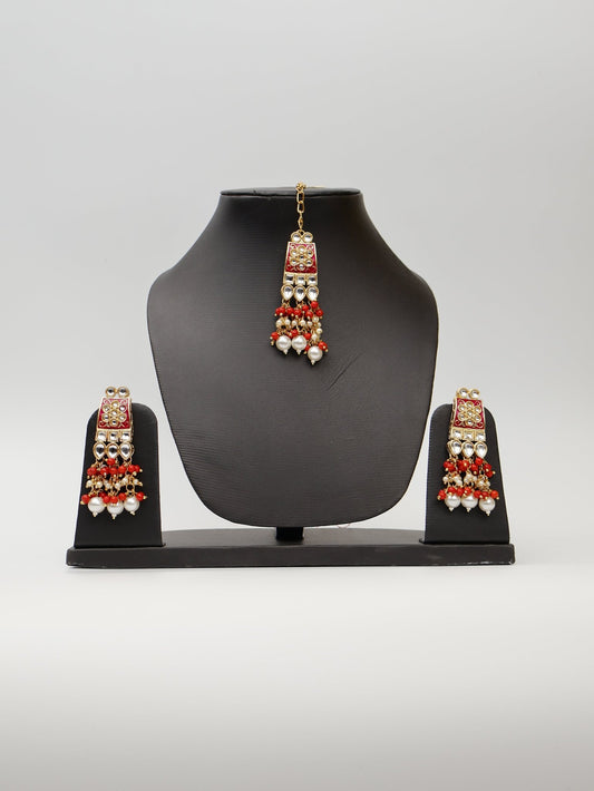 Red Meenakari Kundan & Pearl Necklace Set with Earrings & Mang Tikka. - UrbanNest Co