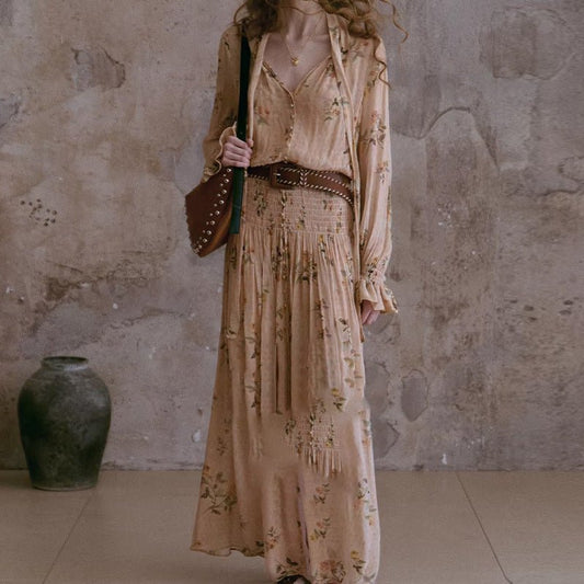 Mist Color Wild Rose Silk Flowing Gathered DressVintage Style Floral Dress - UrbanNest Co