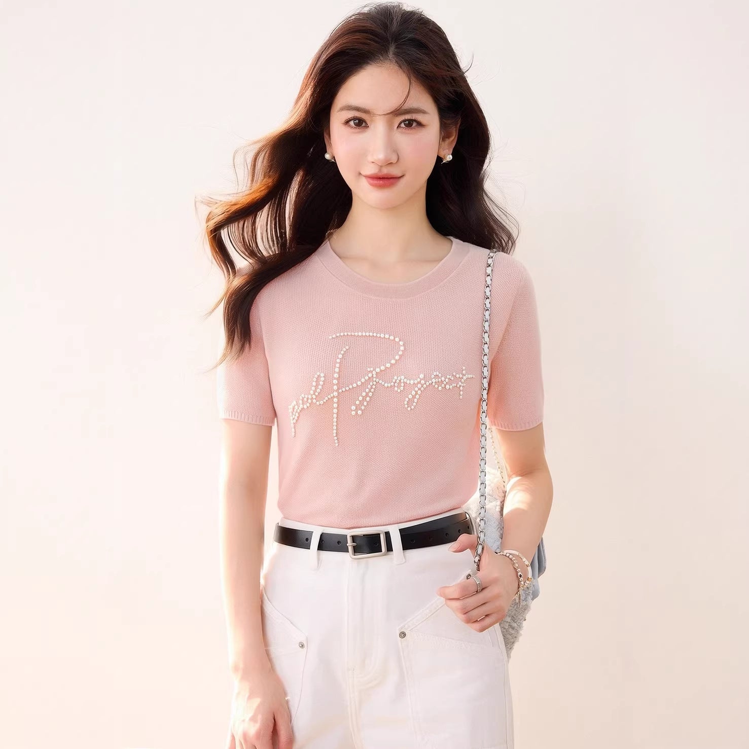 Chic Fashion Style Beaded T-Shirt for Women Short Sleeve Casual Design Top - UrbanNest Co