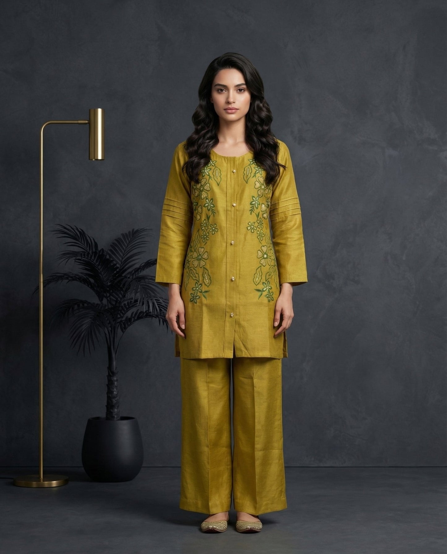 Mustard Green Floral Embroidered Kurta with Palazzo Set | Sequin & Pearl Work - UrbanNest Co