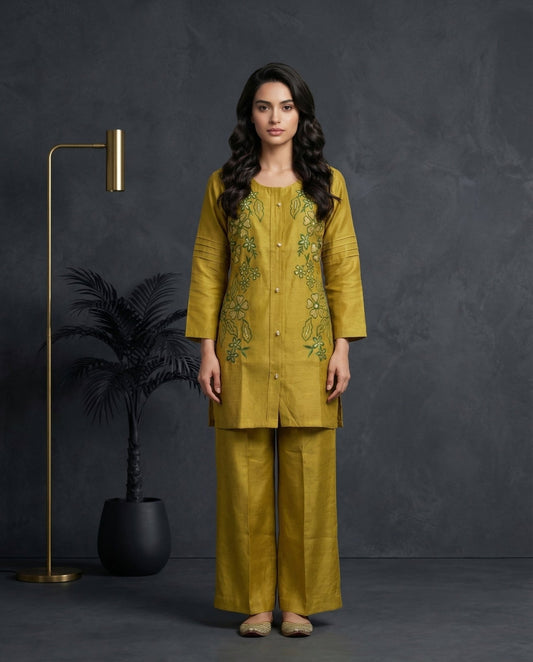 Mustard Green Floral Embroidered Kurta with Palazzo Set | Sequin & Pearl Work - UrbanNest Co
