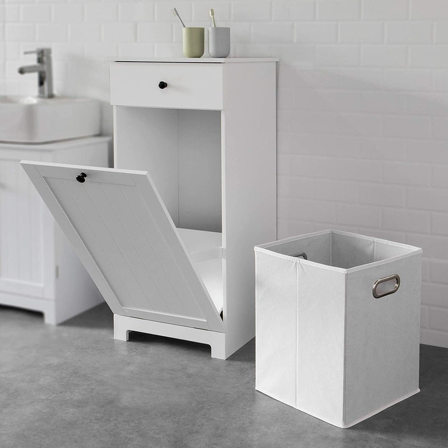 NNEDSZ White Bathroom Cabinet with Laundry Basket and Drawer - UrbanNest Co