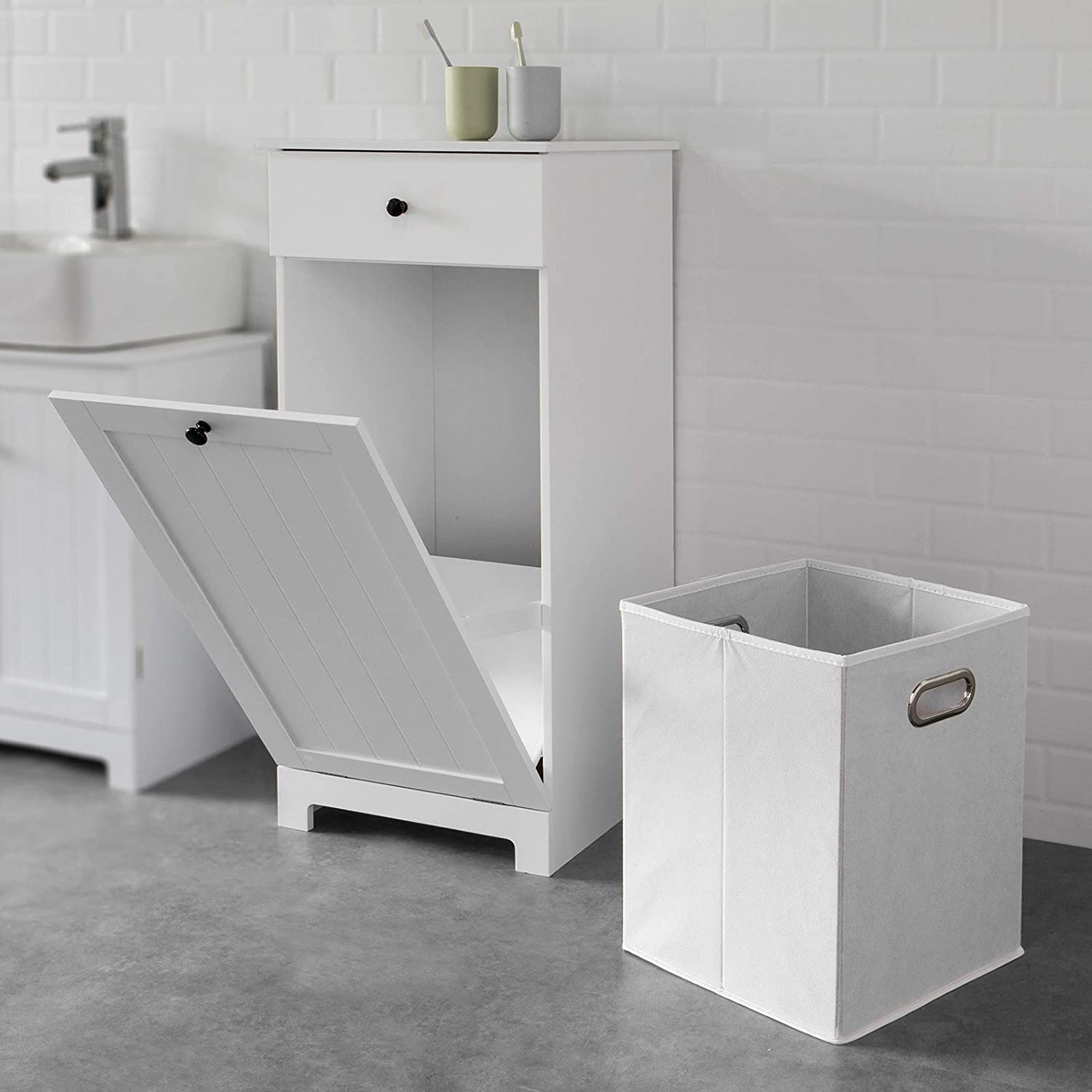 NNEDSZ White Bathroom Cabinet with Laundry Basket and Drawer - UrbanNest Co