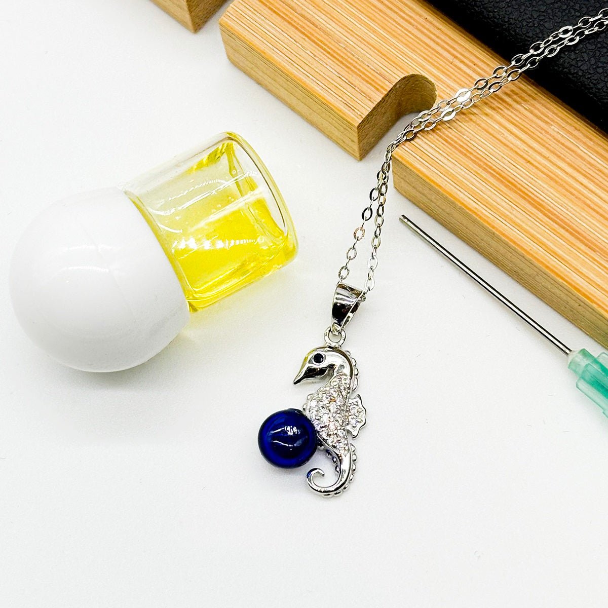 Sterling Silver Sea Horse Aroma Necklace - Navy | Energy & Healing | Diffuse on the go - UrbanNest Co