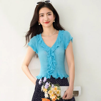 Chic V - Neck Ruffle Short Sleeve Knit Top for Women, Fitted Cropped High - Waisted T-Shirt, Summer New Style - UrbanNest Co