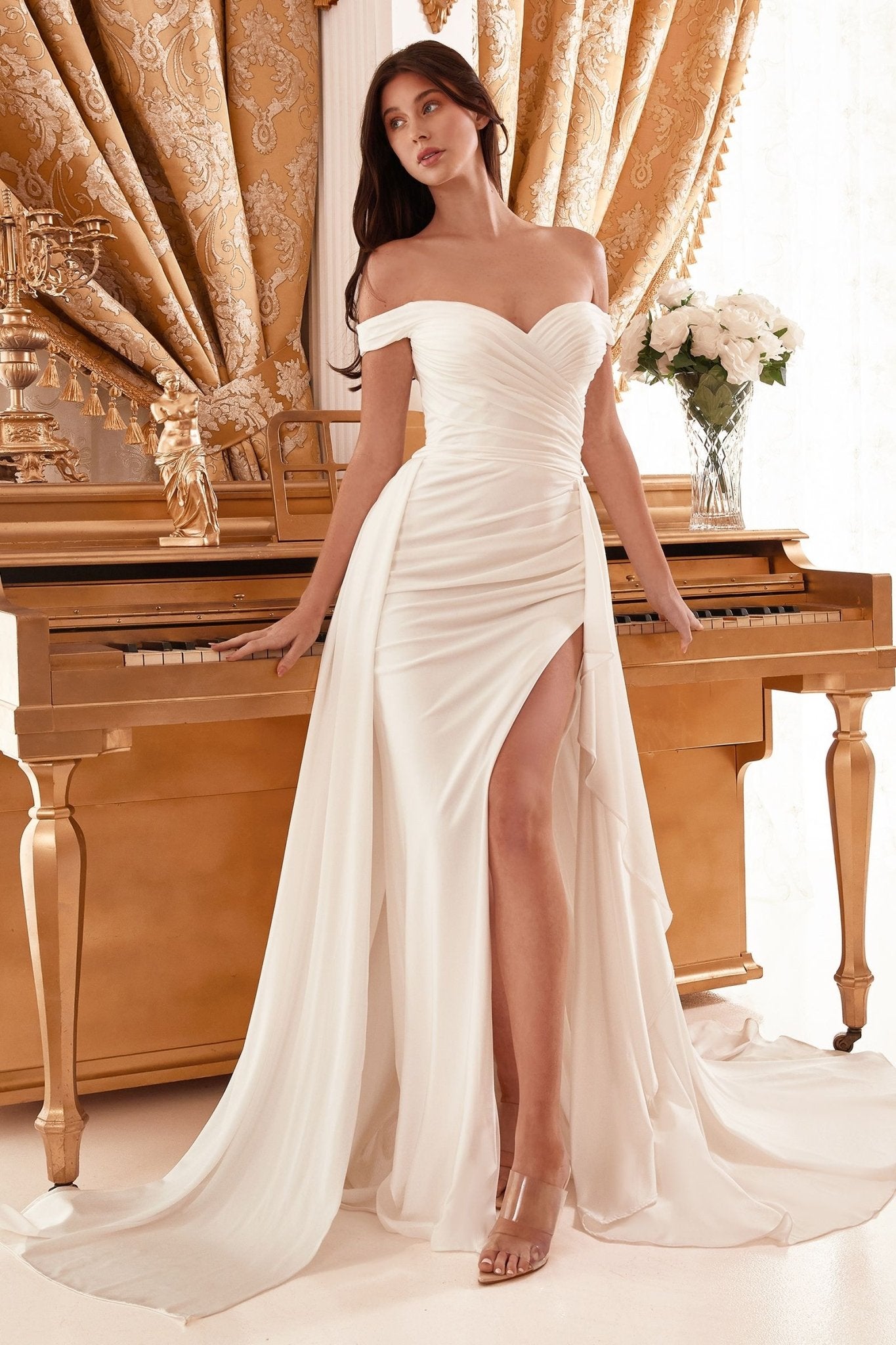 Draped Off The Shoulder Bridal Gown With Overskirt - UrbanNest Co