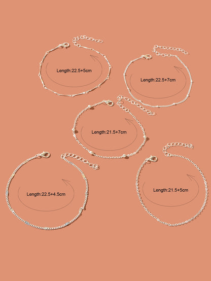 5 pcs Layered Multiple Silver Chain Stackable Anklets Beach Foot Jewellery - UrbanNest Co
