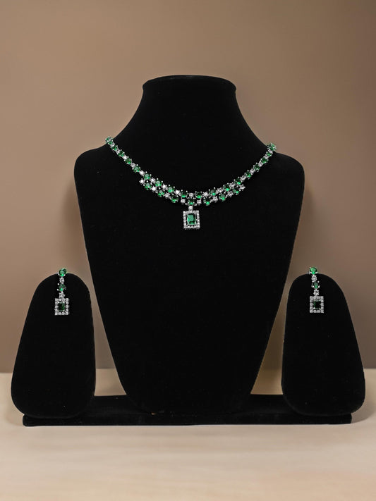 Silver Plated Green AD Necklace Set - UrbanNest Co