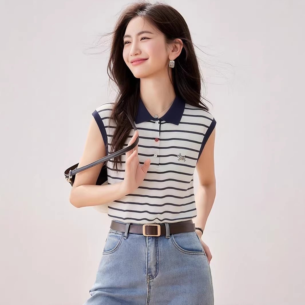Light Luxury Retro Stripe Short Sleeve T-Shirt for Women, Summer Slim Fit Loose Embroidered Top Fashion - UrbanNest Co