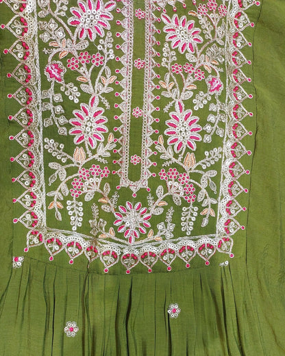 Olive Green Embroidered Kurta Set with Dupatta & Pants | Floral Thread Work - UrbanNest Co